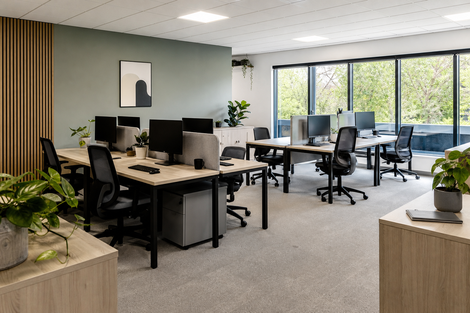 Bright Modular Office With Light Wood Finishes
