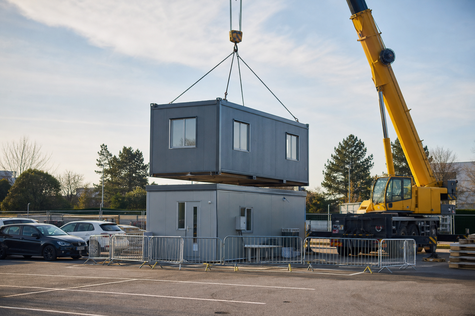 Modular Crane Delivering Site Office Module